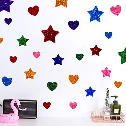 260 Pieces Colorful Glitter Foam Stickers Self Adhesive Stars Mini Heart Shapes Glitter Stickers, Kid's Arts Craft Supplies Greeting Cards Home