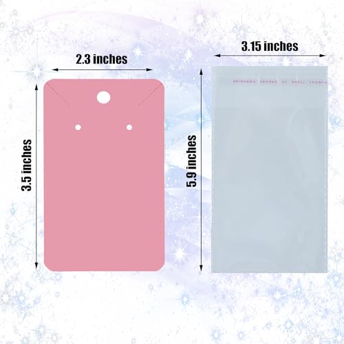 Pink Earring Cards for Selling Set with 100 Pieces Earring Display Cards, 200 Pieces Earring Backs and 100Pcs Jewelry Packaging Bag for Earrings Necklace Jewelry Display (3.5&#x22; x 2.3&#x22; Inches)