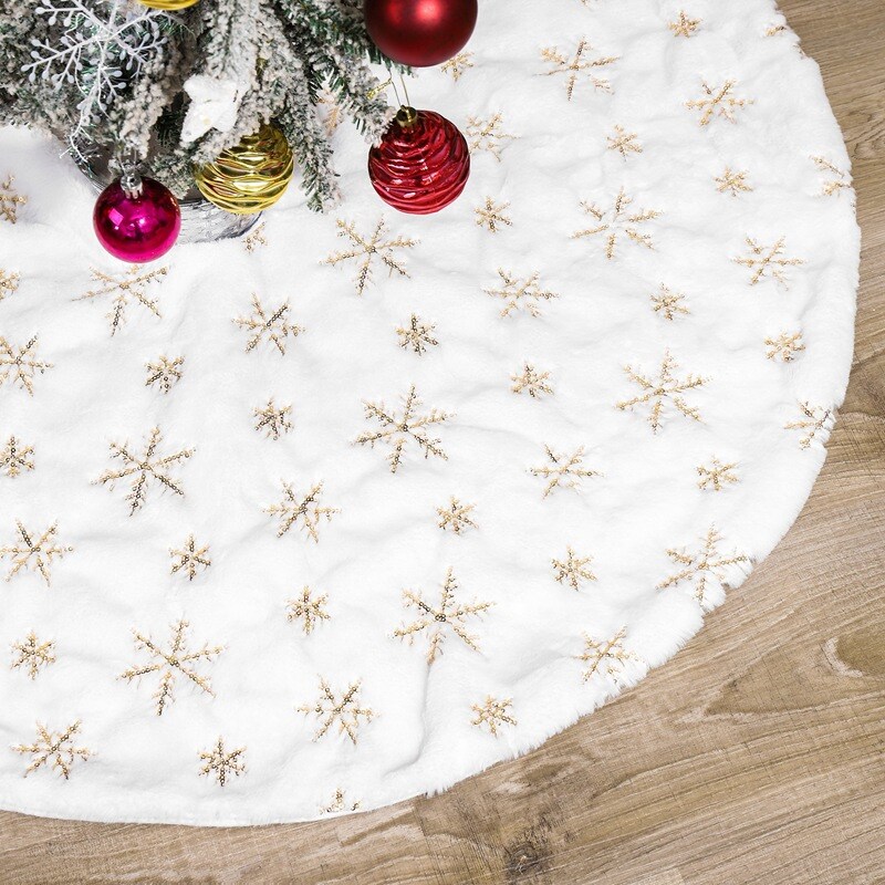 White Snow Embroidered Tree Skirt with gold snowflakes Fur Christmas Tree Skirt 35.9''