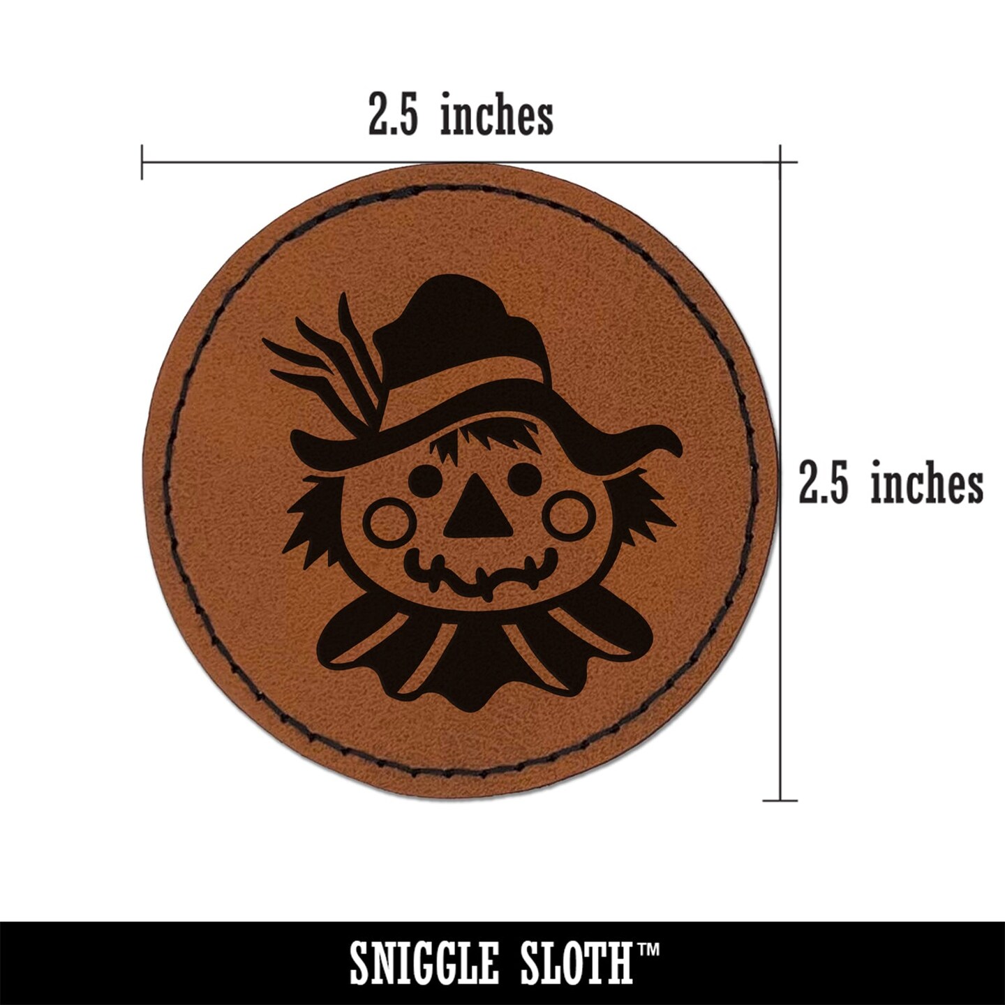Scarecrow Head Fall Autumn Round Iron-On Engraved Faux Leather Patch Applique - 2.5&#x22;