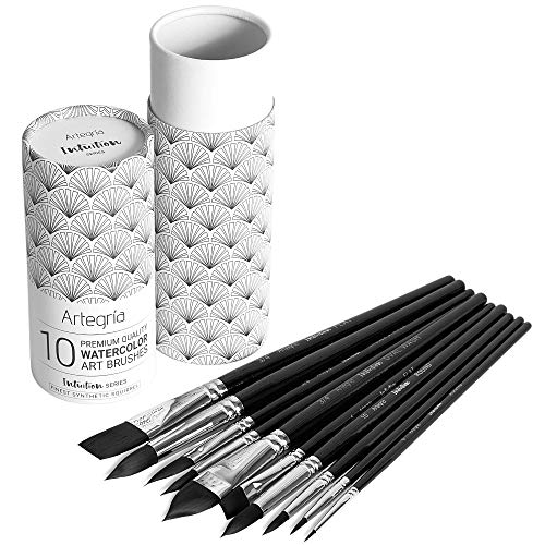 Watercolor Brush Set - 10 Professional Watercolor Paint Brushes for Artists - Soft Synthetic Squirrel Hair, Short Handles: Pointed Rounds, Flats, Dagger, Oval Wash for Water Color, Gouache