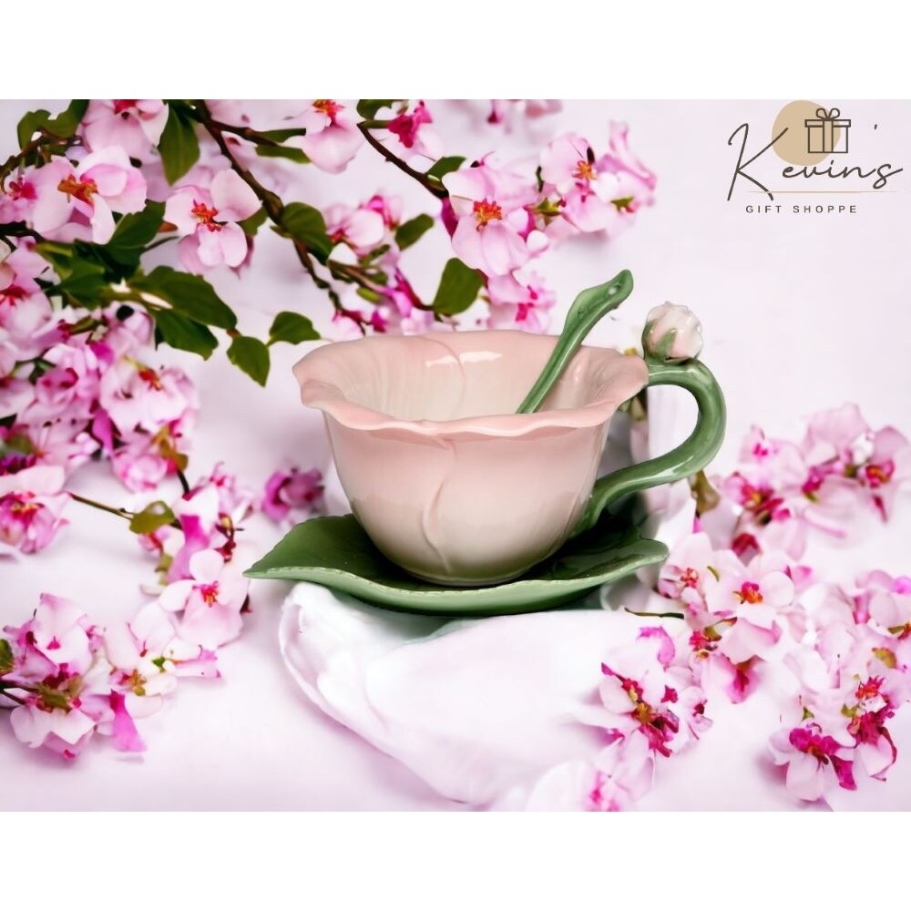 Ceramic Hibiscus Flower Cup and Saucer and Spoon-1 Set, Tea Coffee Teacup Mug