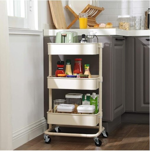 3-tier metal rolling cart, utility cart, kitchen cart with adjustable shelves, storage trolley with two brakes, easy assembly, for kitchen, office, bathroom, beige.
