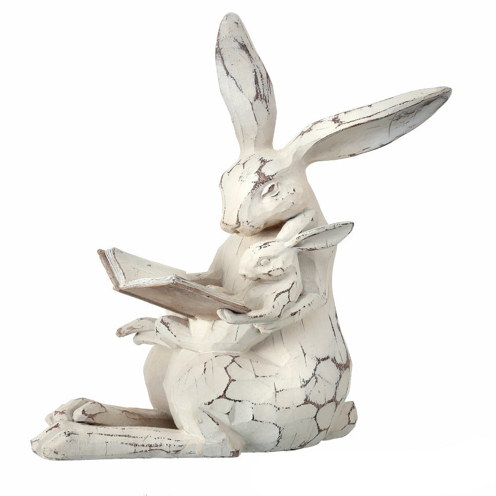 11" Handcrafted Bunny Reading Figurine – Distressed White Rabbit Statue with Baby Bunny
