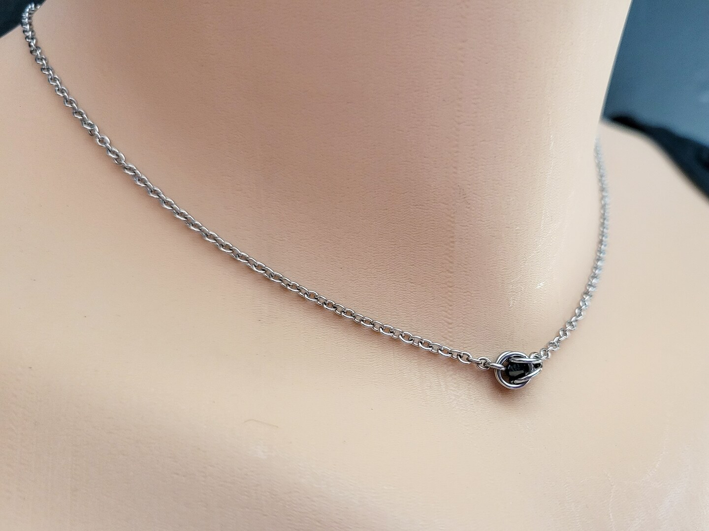 product name is Illusion Minimalist Choker, Dainty Caged Glass Bead Pendant, Chainmaille Jewelry, Gothic Witchy Whimsigoth Chain Necklace, Fantasy Core