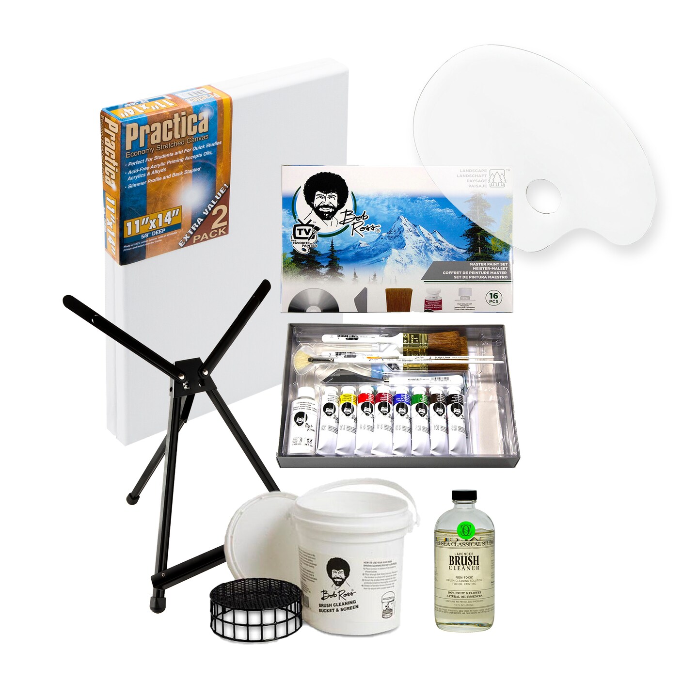 Bob Ross Master Paint Set Artist Bundle - Includes Travel Easel, Pre Stretched Painting Canvas, Natural Brush Cleaner, Clear Acrylic Palette, and Cleaning Bucket &#x26; Screen