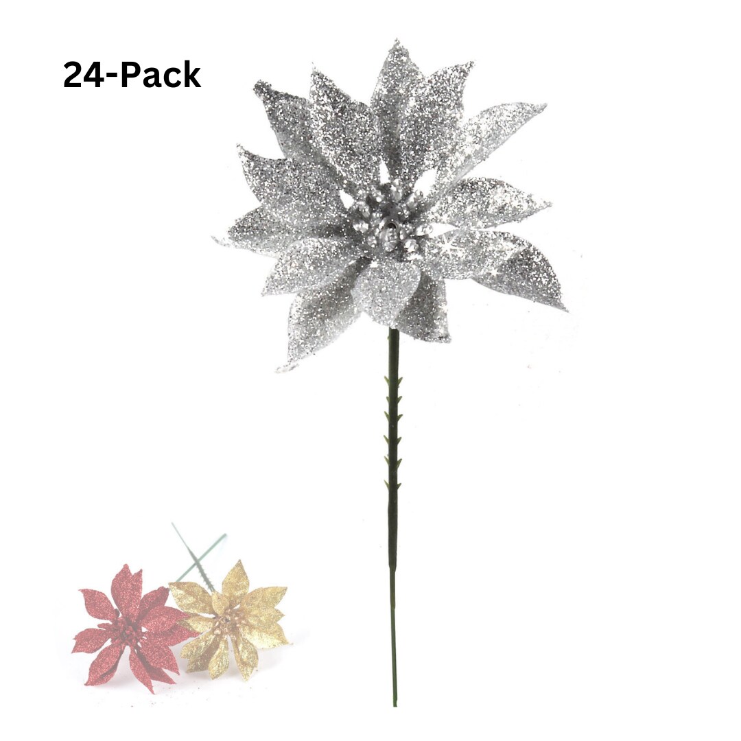5" Silver Glitter Poinsettia Picks - 24-Pack of Festive Holiday Accents, Perfect Christmas Picks for Trees, Wreaths & Garlands, Home & Office Decor - Floral Home by Artificial Flowers