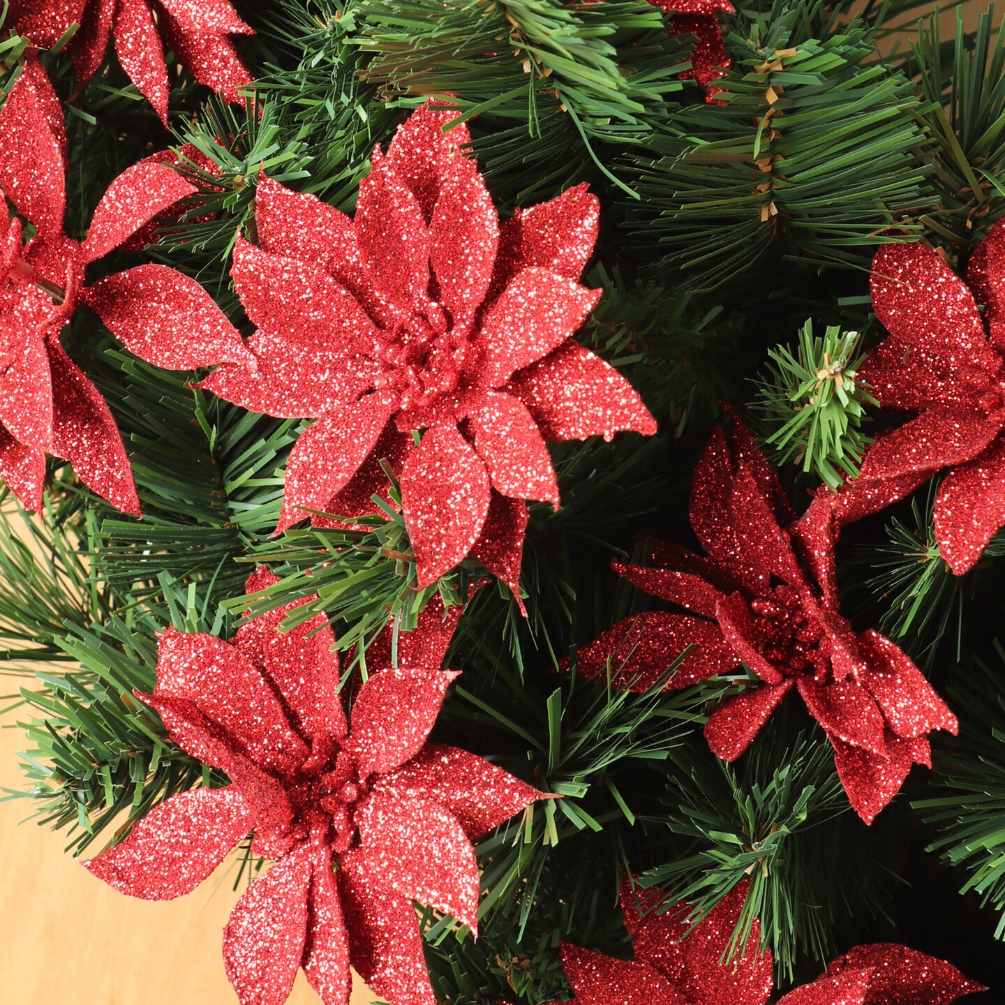 Set of 24: Sparkling Red Glitter Poinsettia Flower Picks | 3&#x22; Wide | Festive Holiday Accents | Trees, Wreaths, &#x26; Garlands | Christmas Picks | Home &#x26; Office Decor - 2024 Christmas Collection, Floral Home by Artificial Flowers