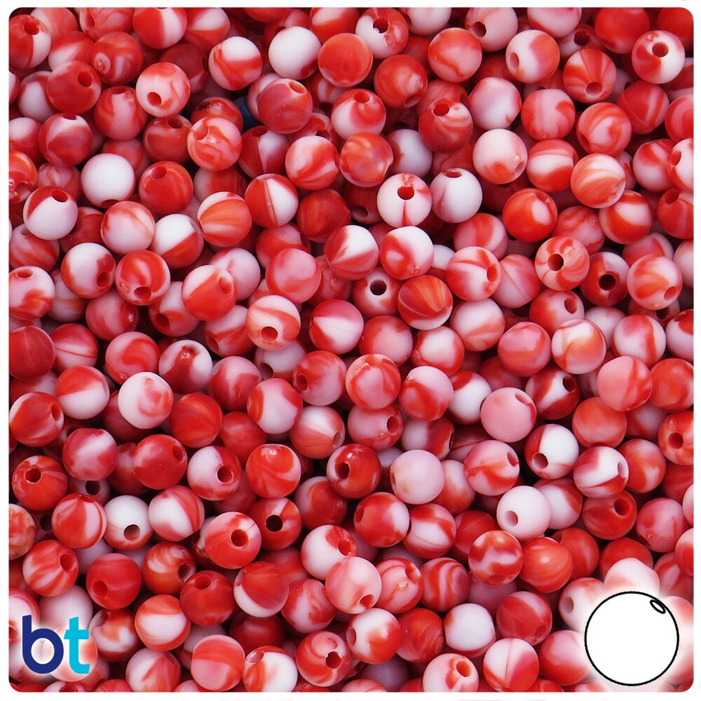 BeadTin Red Marbled 6mm Round Plastic Craft Beads (300pcs)