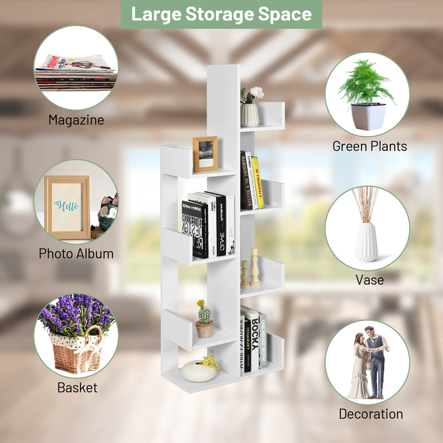 Costway 8-Shelf Bookcase Modern Tree Bookshelf Storage Decor Freestanding White/Black