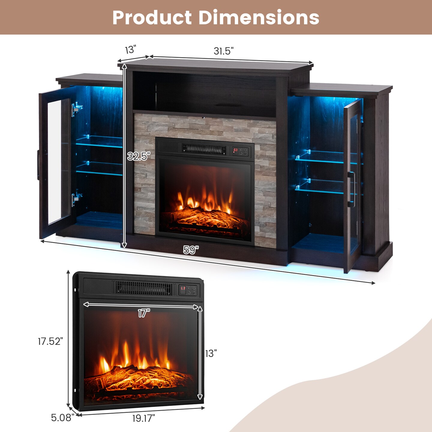 Fireplace Entertainment Center Stand with 16-Color LED Lights for TVs