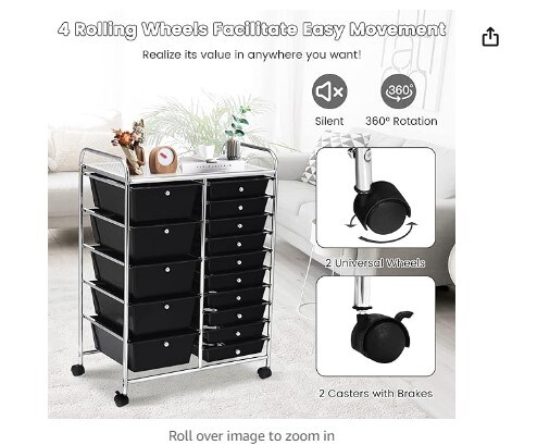 Rolling Storage Cart with 15 Drawers, Multipurpose Mobile Storage Organizer with Removable Drawers and Metal Frame, Utility Tools Home and Office Paper Organizer on Wheels (Black)