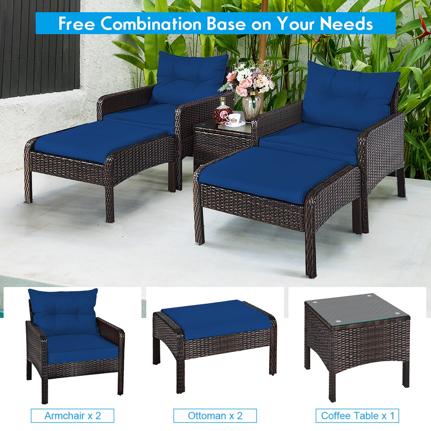 Costway 5 PCS Patio Rattan Wicker Furniture Set Sofa Ottoman Coffee Table Cushioned