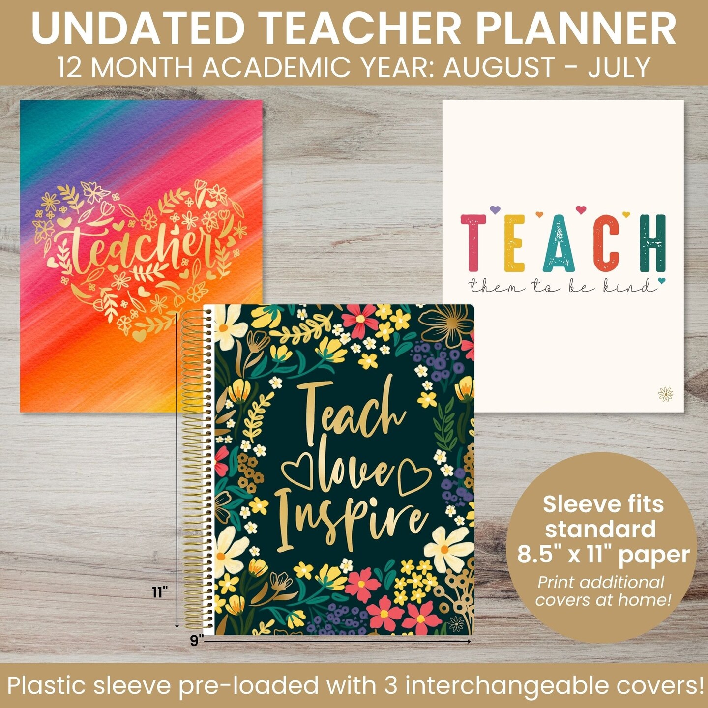 bloom daily planners Undated Teacher Planner &#x26; Calendar, Interchangeable Cover, Bold &#x26; Bright