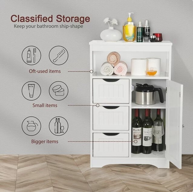 Bathroom Floor Cabinet, 3 Drawer Free Standing Storage Cabinet with Adjustable Shelf, Modern Cupboard for Home Living Room Office, White