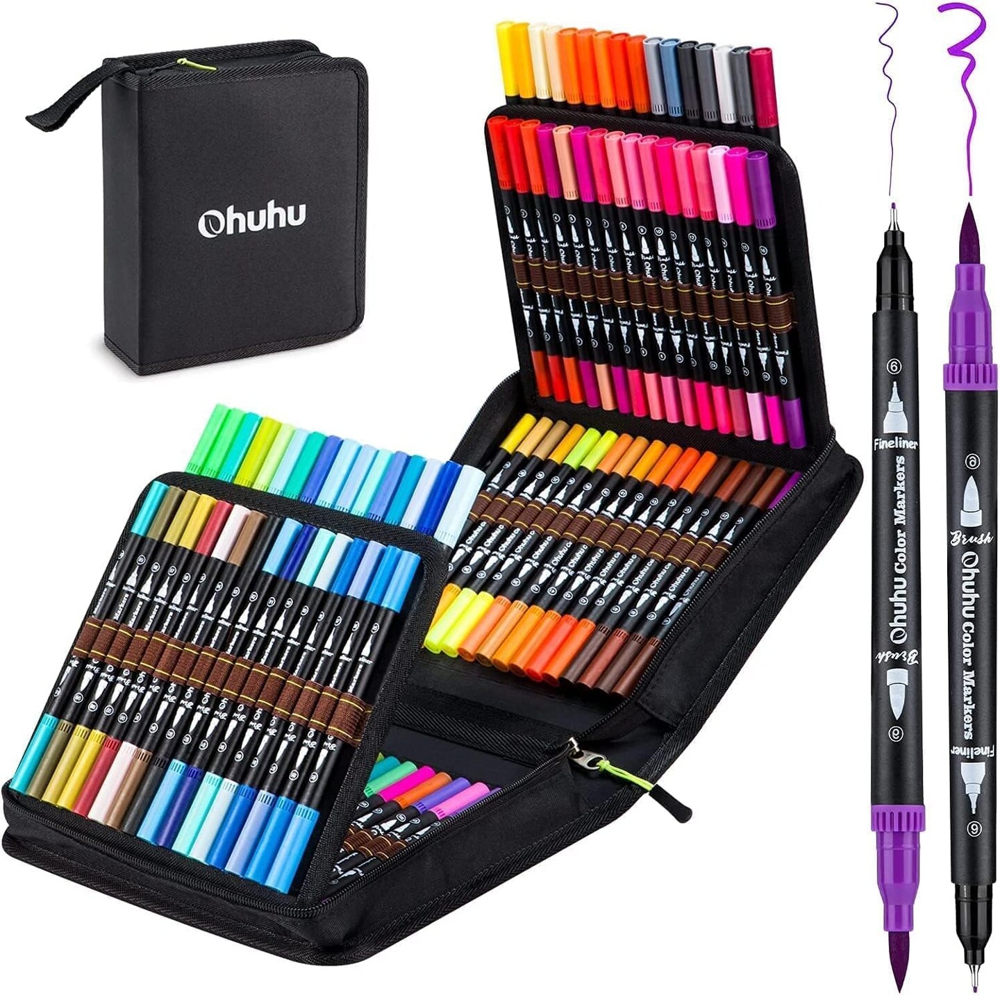 Ohuhu Markers for Adult Coloring Books: 100 Colors Brush Pens Dual Brush Fine Tip Drawing Pens Water-Based Coloring Markers for Calligraphy Bullet Journal with Carrying Case -Maui (Black Package)