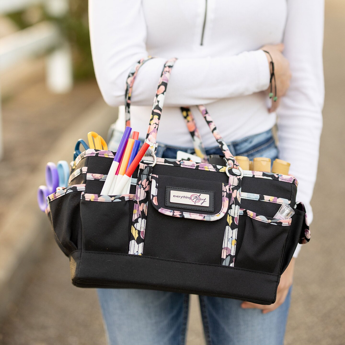 Deluxe Store &#x26; Tote Craft Organizer, Black &#x26; Floral Trim
