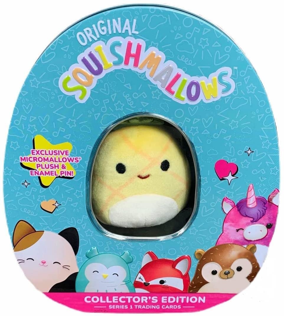 Squishmallows Official Kellytoy Collector&#x27;s Tin Set with Micromallow Exclusive Pin and Trading Cads Choose Your Favorite or Collect Them All (Maui The Pineapple)