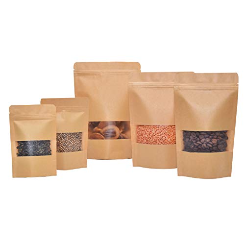 50 Pcs Self Sealing Sealable Packaging Paper Bags Waterproof Transparent Window Brown Stand Up Zipper Pouches Can Reusable for Food Tea Coffee bags Beans Nuts Seeds Dried Fruits Pouch (5.9&#x22;x8.6&#x22;)&#x2026;