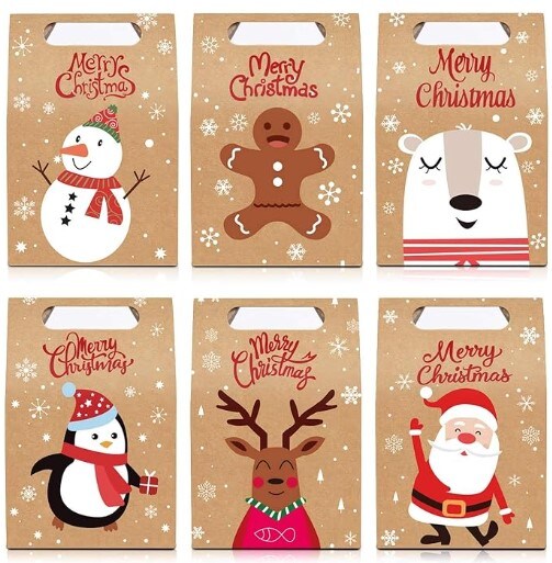 24PCS Christmas Candy Gift Treat Bags for Xmas Party Supplies, Christmas Kraft Paper Gift Boxes