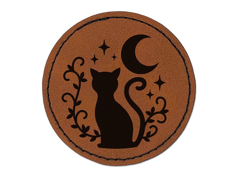 Cat Moon Stars Round Iron-On Engraved Faux Leather Patch Applique - 2.5&#x22;