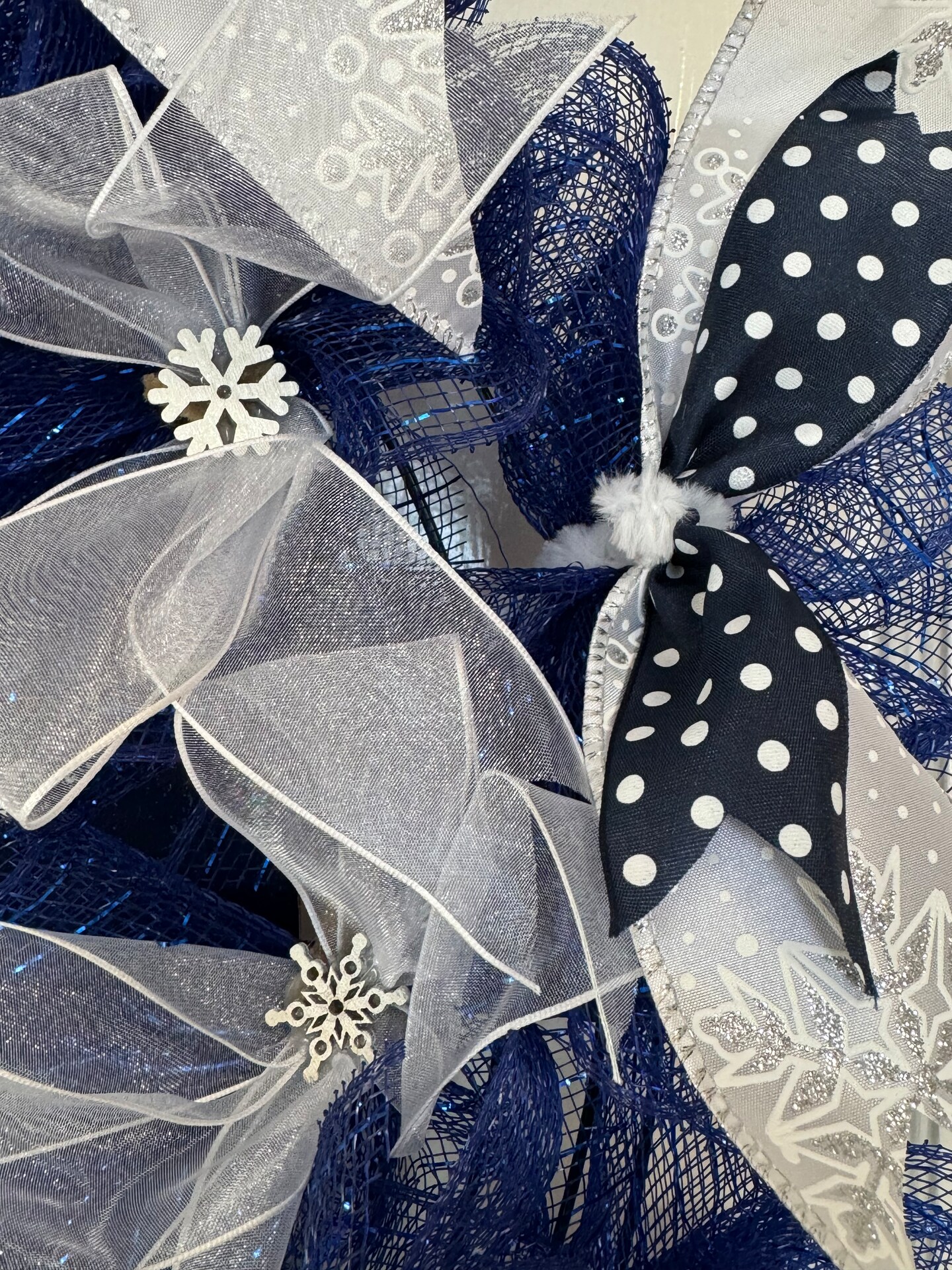Christmas Ribbon, Mesh Wreath, Blue And White, Snowflakes, Handmade, Hand Painted Merry Christmas Sign With Snowman, Farmhouse Christmas product 5