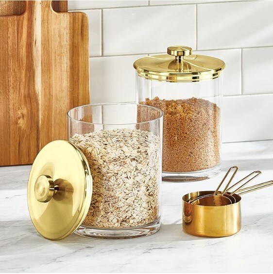 Wide Acrylic Apothecary Jars with Airtight Lids, 74 oz. Kitchen Organizer Canister Jar Set, Food Storage Containers for Pantry and Countertop, Lumiere Collection, 2 Pack, Clear/Soft Brass