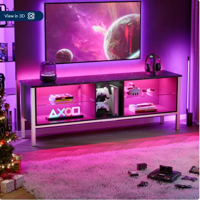 LED Entertainment Center for PS4 with Storage Cabinet, Black Marble, Modern TV Stand for TVs up to 75&#x22;