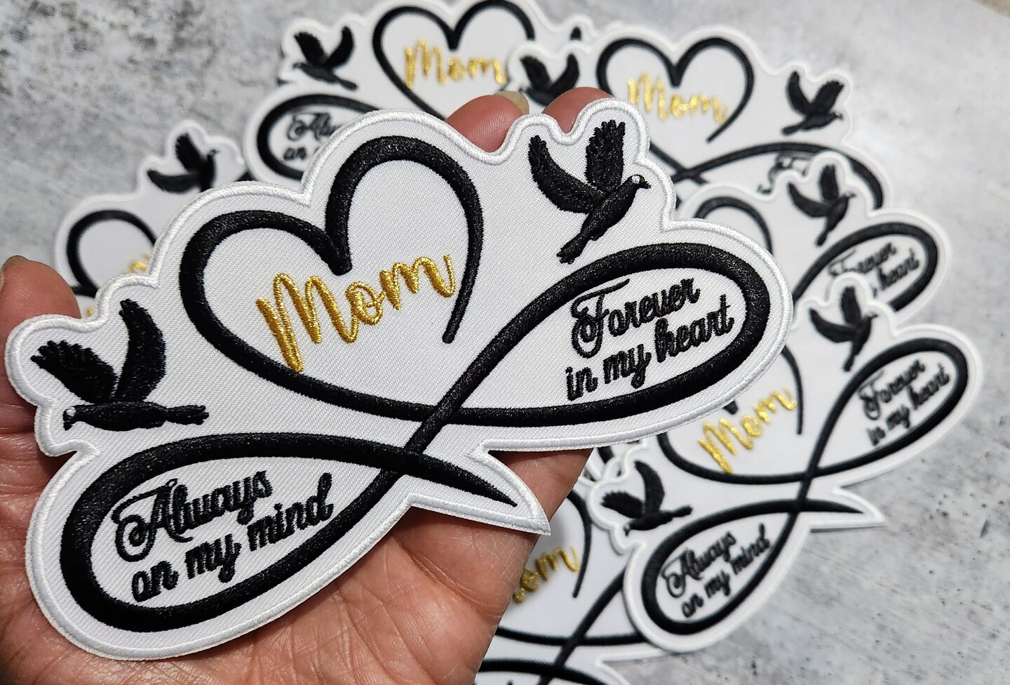 Memorial Infinity Collection: Patch Party Club, "MOM" Eternal Remembrance 1-pc, Iron-On Embroidered Patch, Sz 6", Tribute Honoring Loved One