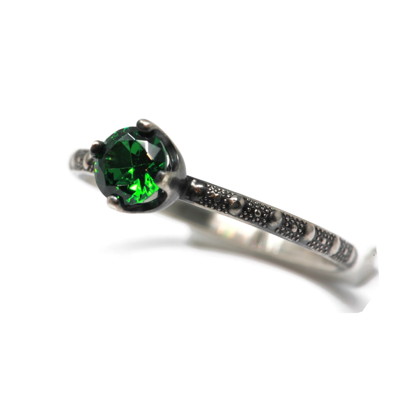 5mm Emerald Green Cubic Zirconia Skinny Beaded Band Ring - Antique Silver Finish by Salish Sea Inspirations 260299096938037248