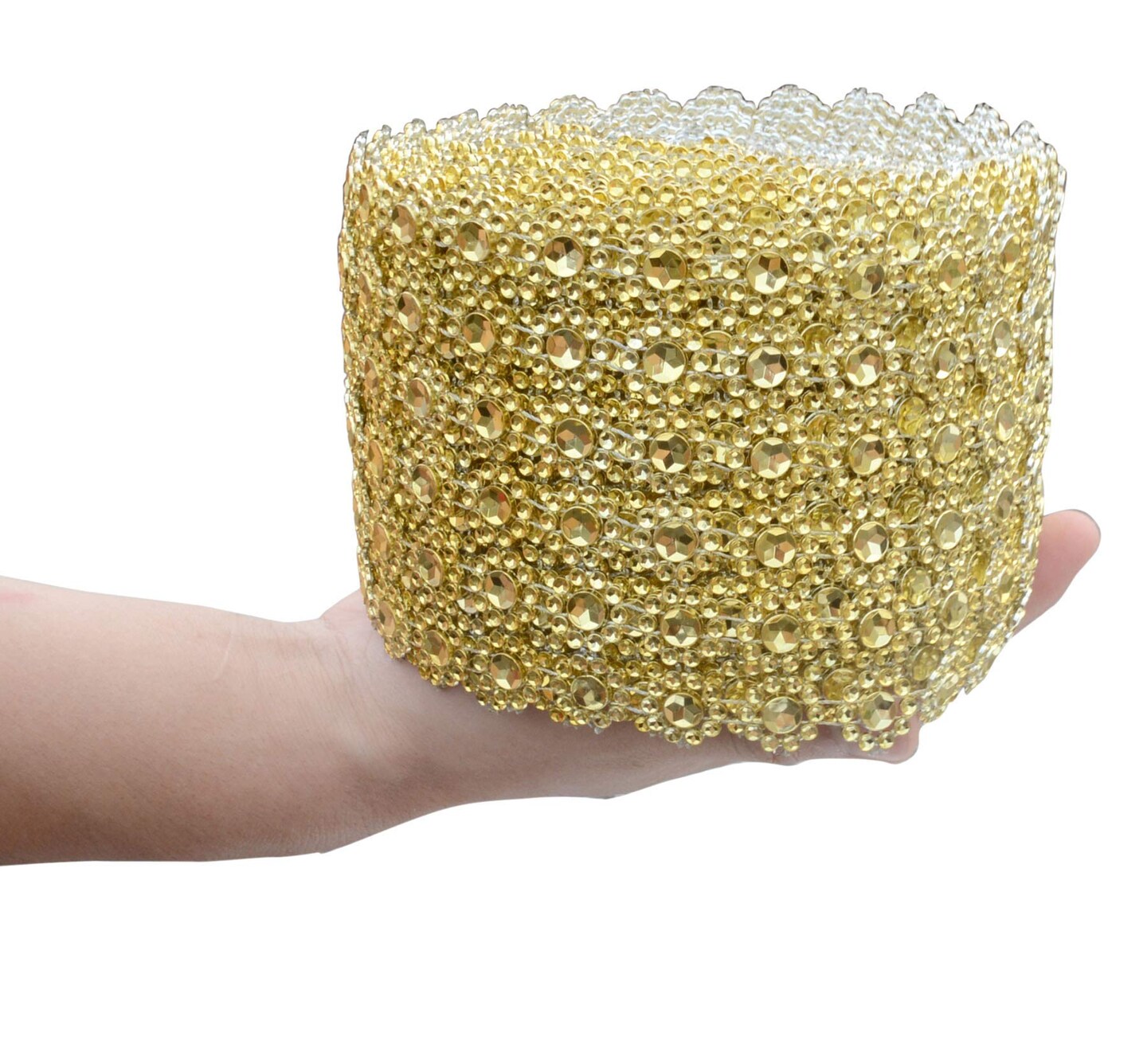 6 Rows  Crafts Faux Diamond Bling Wrap 4&#x22; x 10 Yards Gold Flower Pattern Faux Rhinestone Crystal Mesh Ribbon Roll for Wedding, Party, Centerpiece, Cake, Vase Sparkling Decoration (Gold)