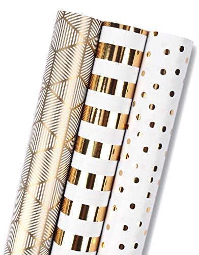 Wrapping Paper Roll for Birthday - Mini Roll - 17 inch X 120 inch Per roll - White & Gold Foil Design (42.3 sq.ft.ttl)