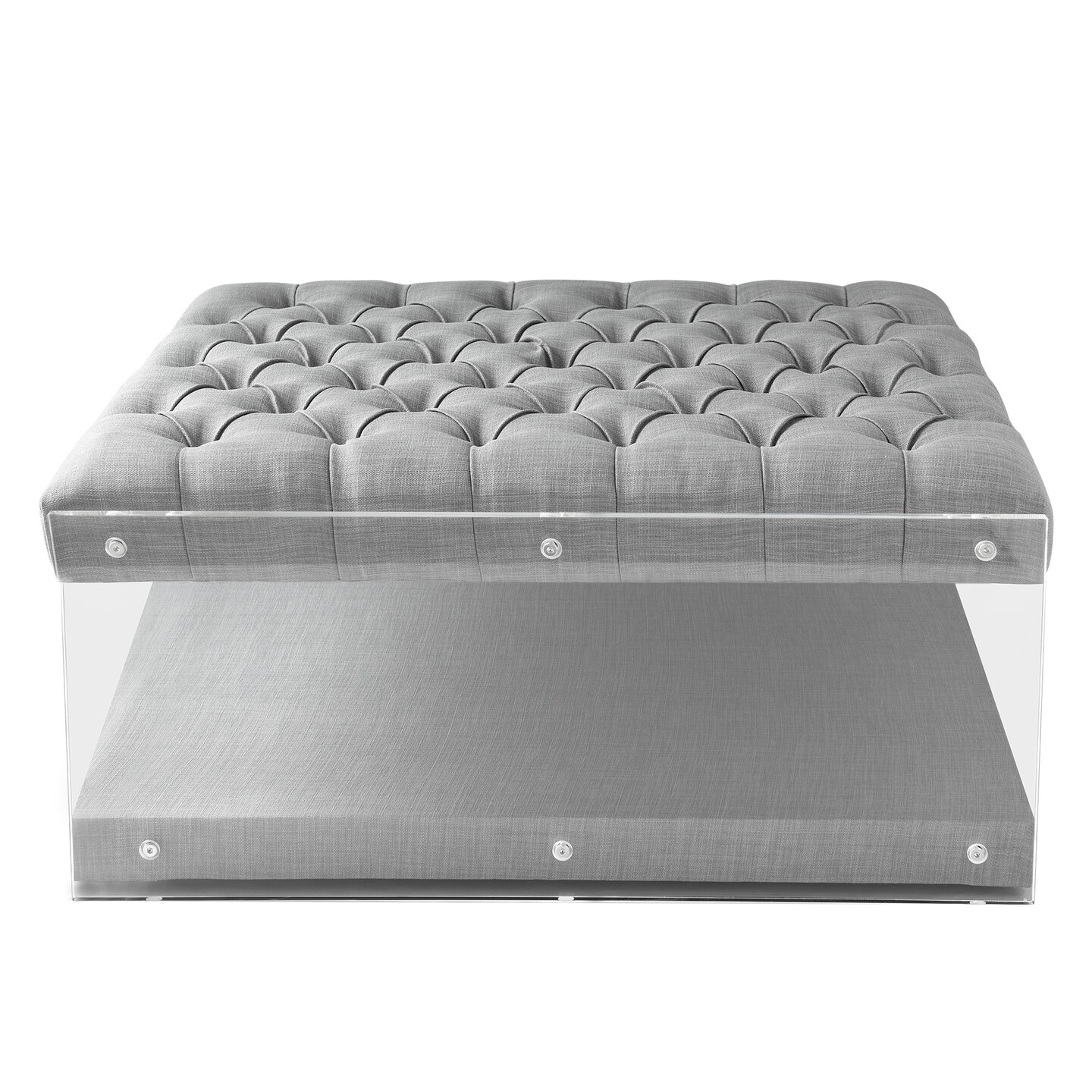 Fleur Linen/Velvet Button Tufted Clear Acrylic Side Cocktail Table Ottoman