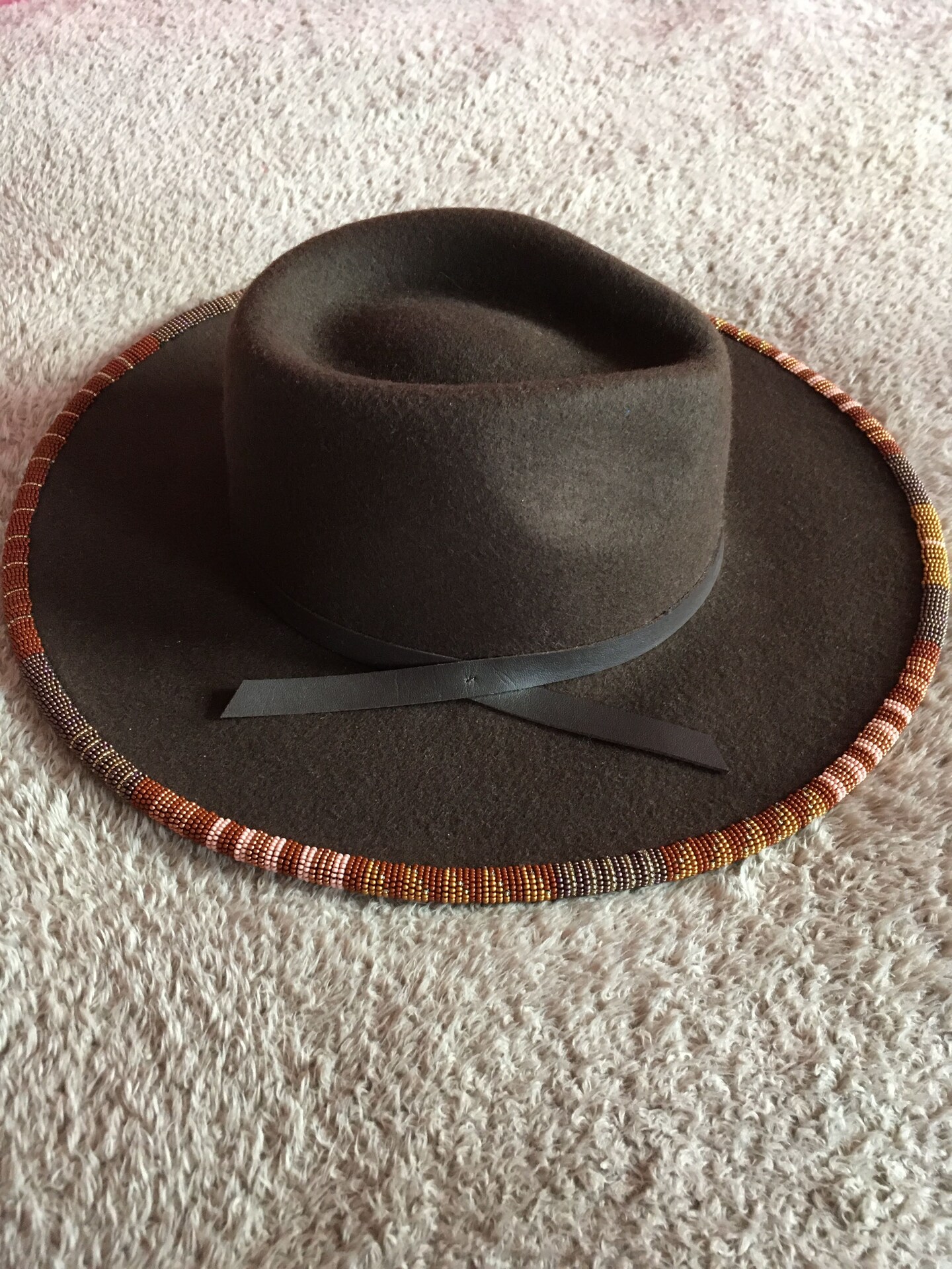 Shelley M Large Brown Beaded Brim Hat