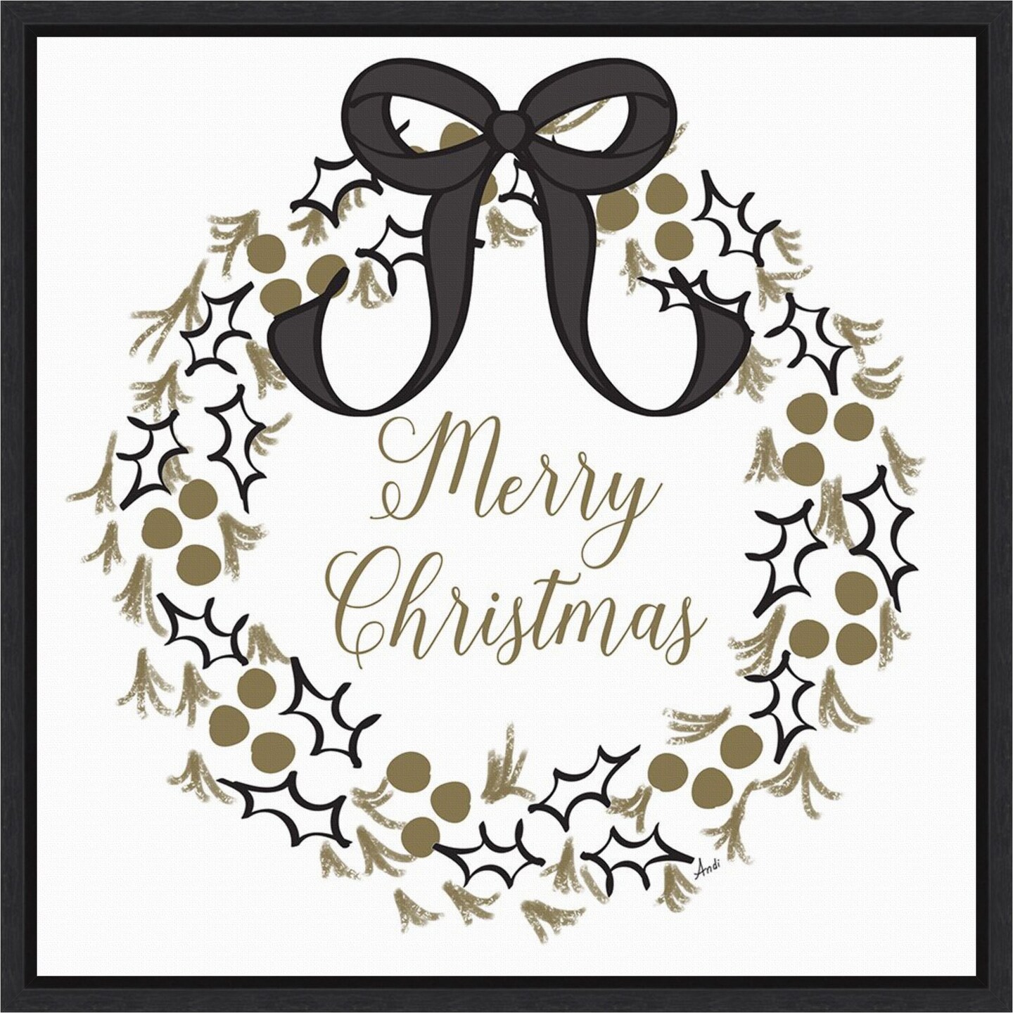 Merry Christmas Wreath by Andi Metz 22-in. W x 22-in. H. Canvas Wall Art Print Framed