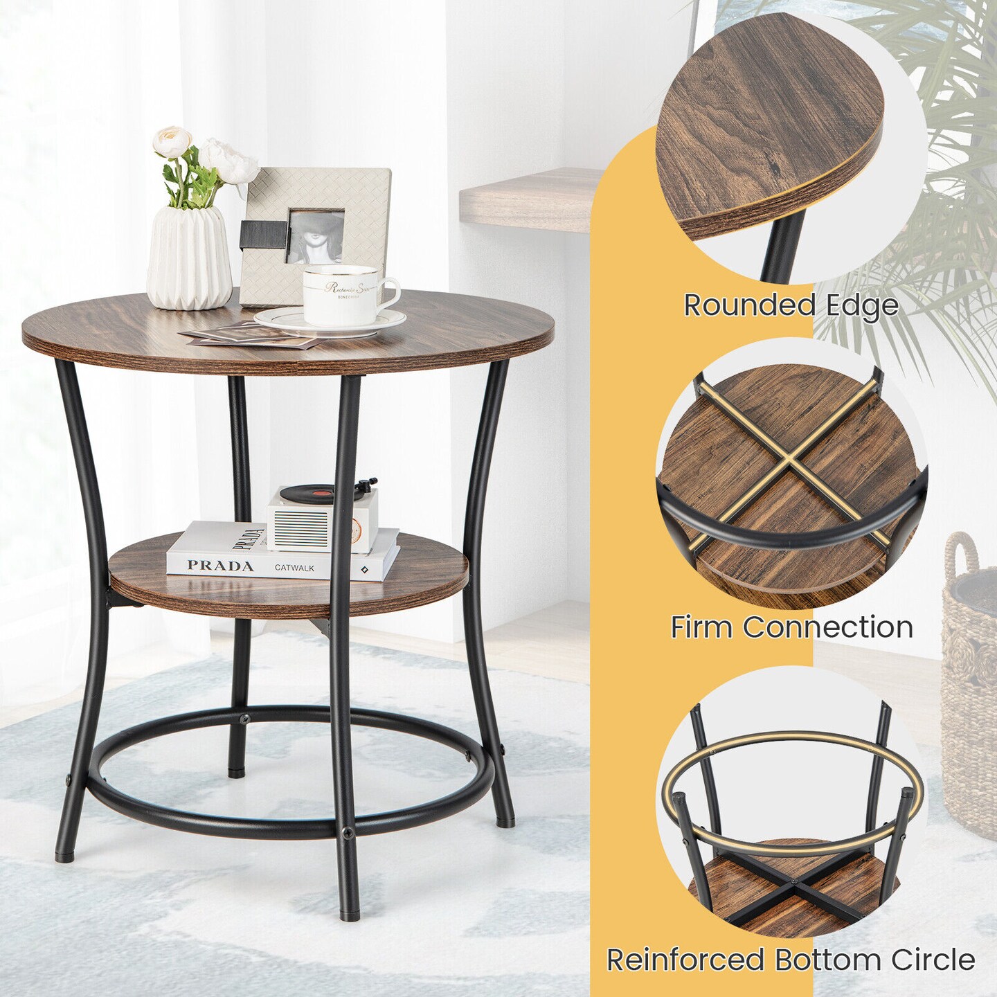 Round End Table with Open Storage Shelf and Sturdy Metal Frame