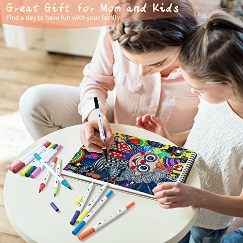 Dual Brush Marker Pens for Coloring Books, Tanmit Fine Tip Coloring Marker & Brush Pen Set for Journaling Note Taking Writing Planning Art Project