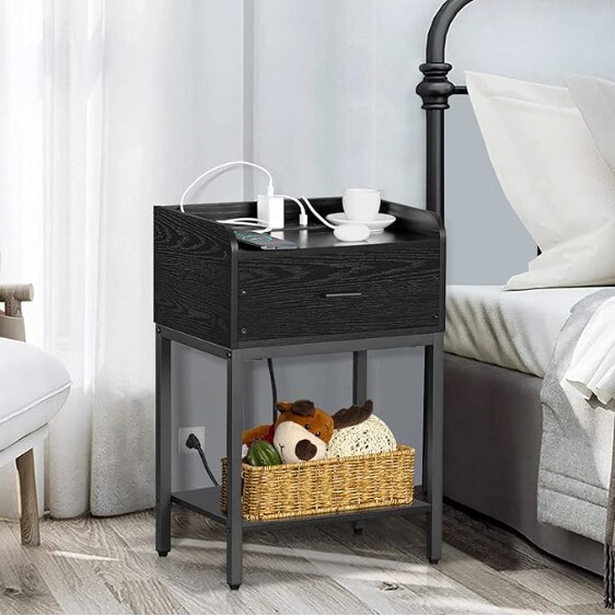 End tables with USB ports and outlets, black nightstand with charging station Small Side Table for Small Spaces, Bedroom, Modern Night Stand with Drawers and Open Shelf