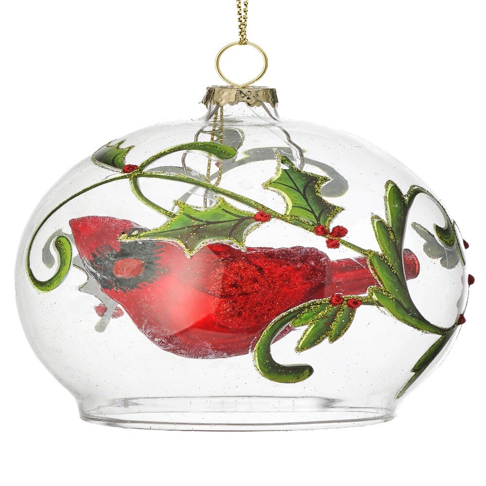4&#x22;GLASS CARDINAL IN HOLLY VINE BALL ORNAMENT