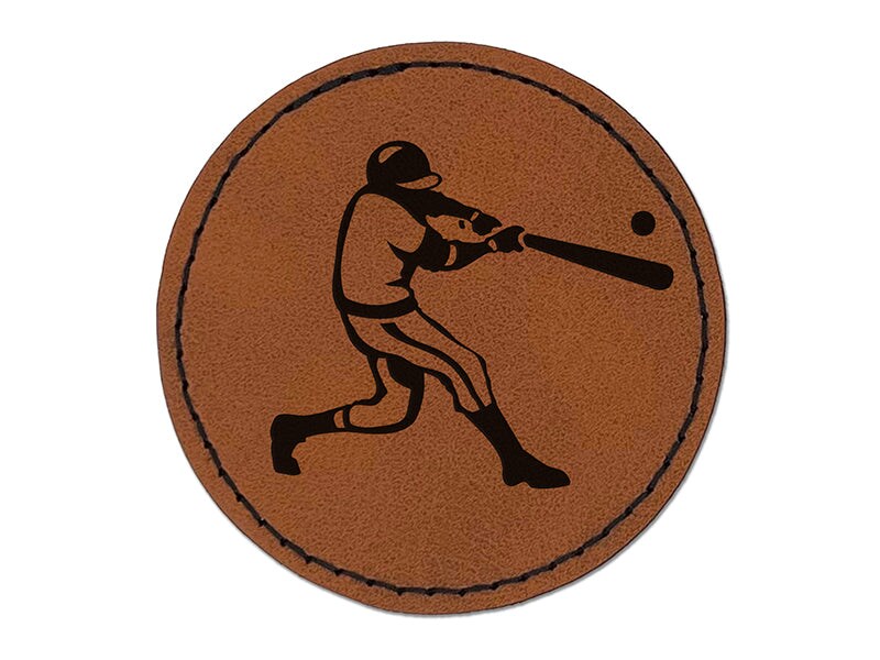 Baseball Player Batter Hitting Ball Round Iron-On Engraved Faux Leather Patch Applique - 2.5&#x22;