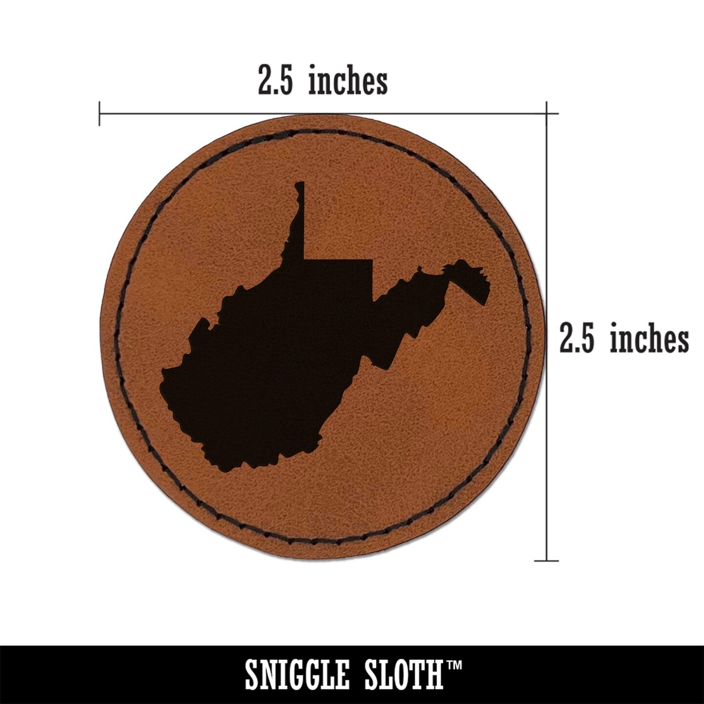 West Virginia State Silhouette Round Iron-On Engraved Faux Leather Patch Applique - 2.5&#x22;