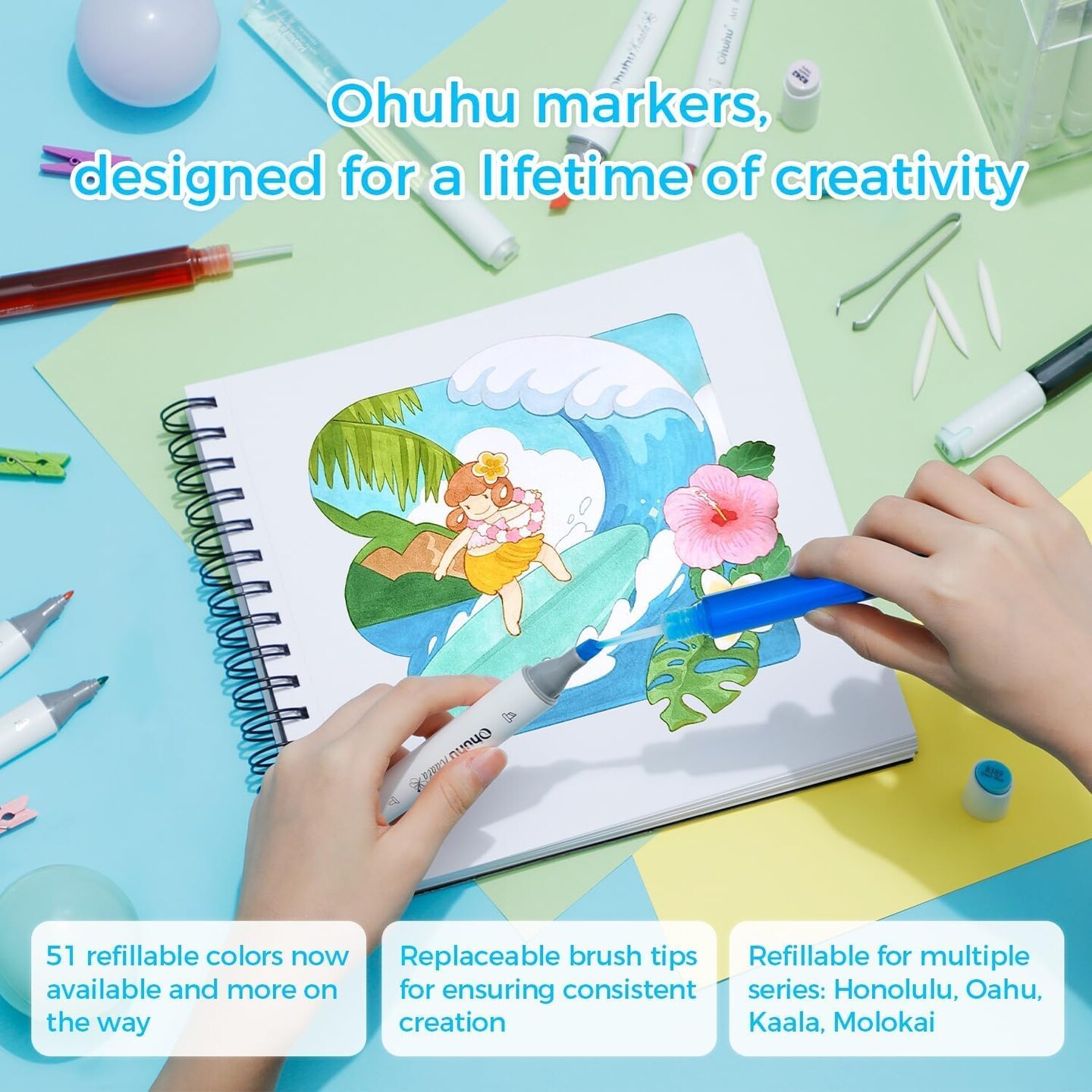Ohuhu Alcohol Based Art Markers - Double Tipped Coloring Marker Set for Adults Coloring Students Beginners Sketching Illustration - 120 Colors - Chisel &#x26; Fine - Oahu of Ohuhu Markers - Refillable Ink