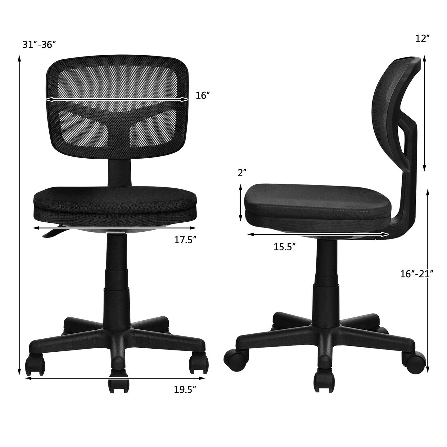 Armless Computer Chair with Height Adjustment and Curved Backrest Ideal for Home or Office Use
