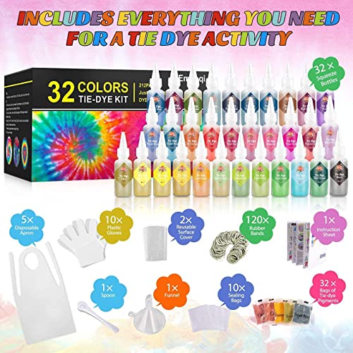 DIY Tie Dye Kits, Emooqi 32 Colours All-in-1 Tie Dye Set Contain 32 Bag Pigments, Rubber Bands, Gloves, Sealed Bag&#xFF0C;Apron and Table Covers for Craft Arts Fabric Textile Party DIY Handmade Project