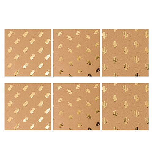 6 Pieces Kraft Wrapping Paper Gold Foil Unicorn Pineapple Cactus Shiny Kraft Paper for Birthday, Holiday, Wedding Wrap - 6 Sheets Packed as 1 roll - 17.5 x 30 inches per Sheet