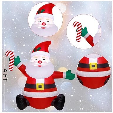 4ft Christmas Inflatables Blow Up Yard Decorations, Inflatable Santa Claus Christmas Outdoor Decoration, Blow Up Santa Claus with Candy Cane for Christmas Yard Garden Decorations