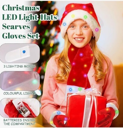 2 Christmas LED Light Hat Sets Christmas Light Up Scarves and Gloves Set New Year Flashing Holiday Party Supplies Holiday Santa Hat for Kids Adults Red and white
