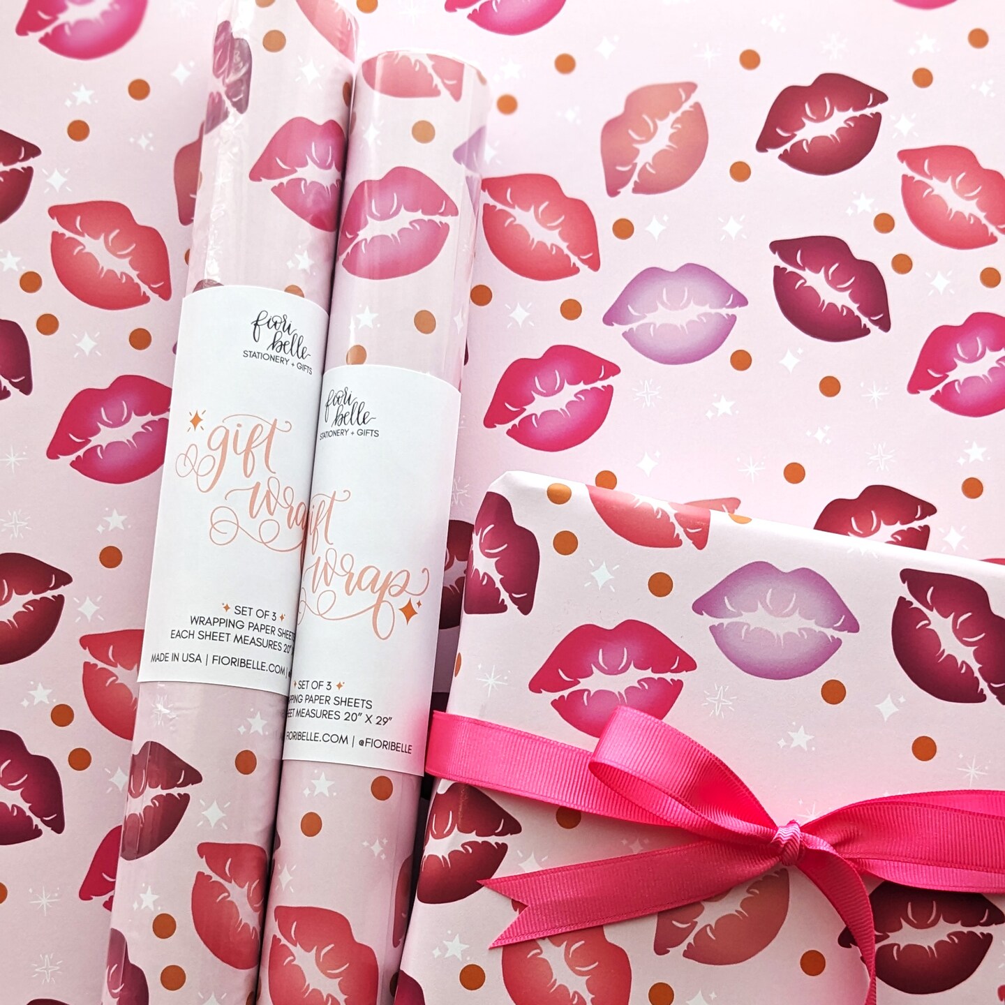 Valentine's Day Wrapping Paper Sheets, Red and Pink Lip Kisses