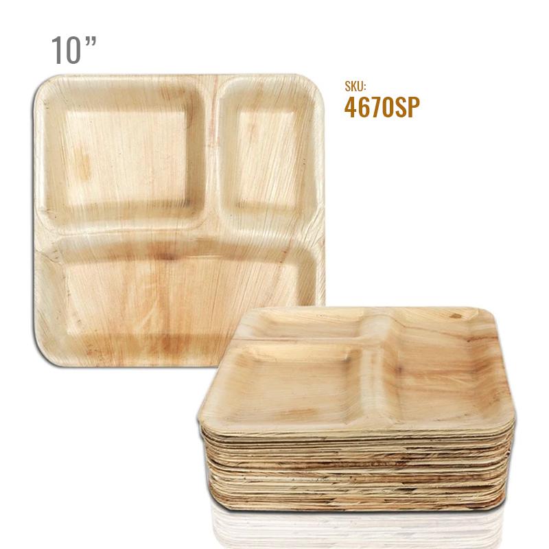 Square Palm Leaf 3-Partition Eco Friendly Disposable Dinner Plates - 10&#x22; (100 Plates)