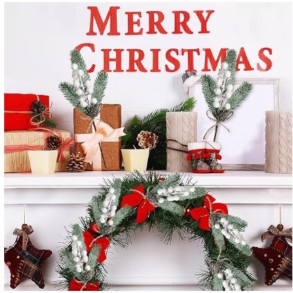 8 Pack Snow Frosted Christmas Berries Pine Picks Artificial White Berry Pine Branches Faux Pine Stem with Pine Cones for Xmas Tree Wreath DIY Craft Floral Arrangement Holiday Decor (White)